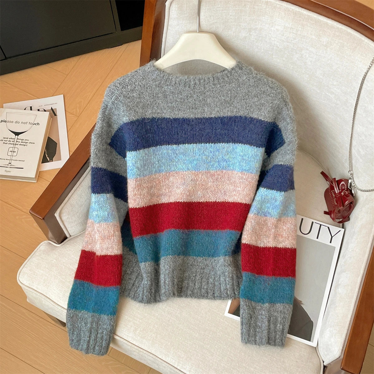 Korean Vintage Women's Rainbow Striped Round Neck Short Sweater Autumn Winter 2024 New Elegant Long Sleeved Knitted Pullover Top