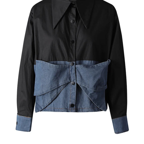 Load image into Gallery viewer, Women Wine Red Denim Bow Color-block Big Size Blouse New Lapel Long Sleeve Shirt Fashion Tide Spring Autumn 2025 CPG3256
