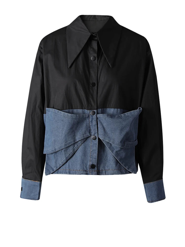 Women Wine Red Denim Bow Color-block Big Size Blouse New Lapel Long Sleeve Shirt Fashion Tide Spring Autumn 2025 CPG3256