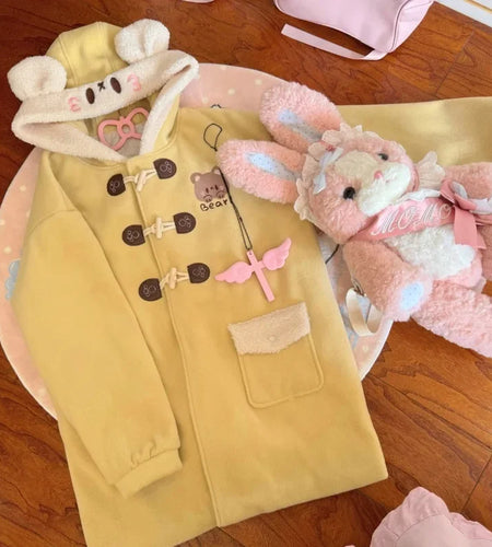 Winter Clothing Japanese Coats Bear Ear Hooded Woolen Sweet Outwear Thicked Fashion Cute Jackets Women Y2k Tops 2024 Ropa Mujer