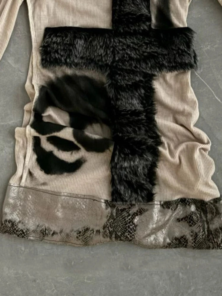 Y2k Aesthetic Off Shoulder Fur Patchwork Sexy T Shirt Harajuku Punk Skull Print Slash Neck Tops Streetwear Fairy Vintage Tees