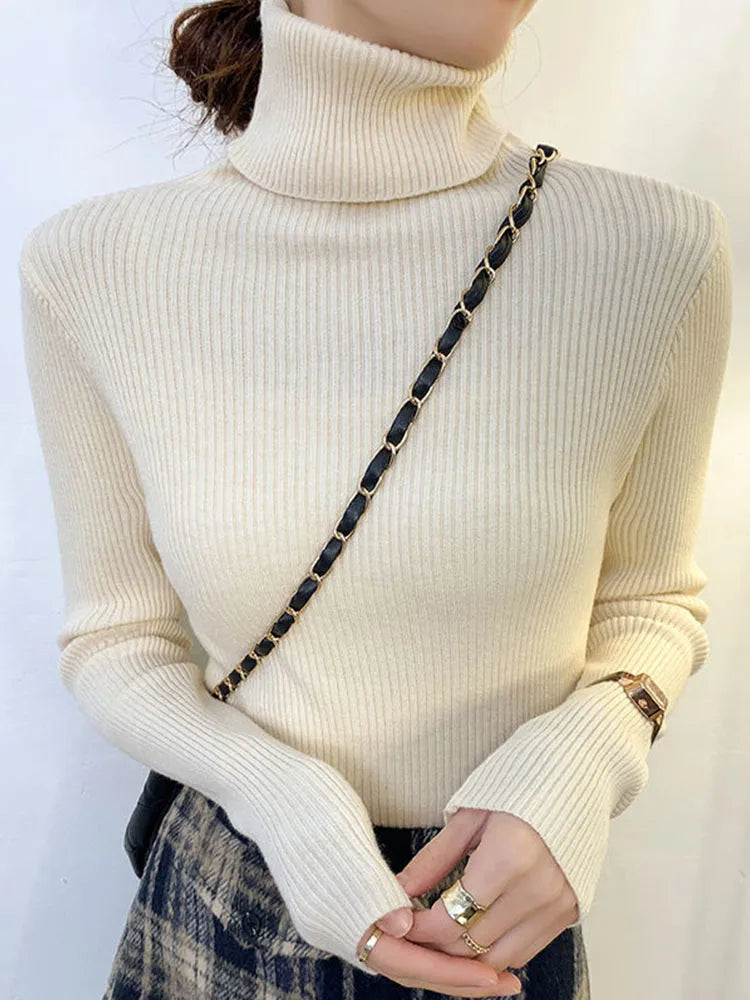 New 2025 Women Pullover Turtleneck Sweater Autumn Long Sleeve Slim Elastic Korean Simple Basic Cheap Jumper Solid Color Top