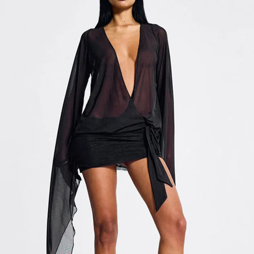 Load image into Gallery viewer, Mesh See Through Sexy Mini Dress For Women Black Sheer Mesh Deep V Neck Long Sleeve Backless Draped Ruched Dress
