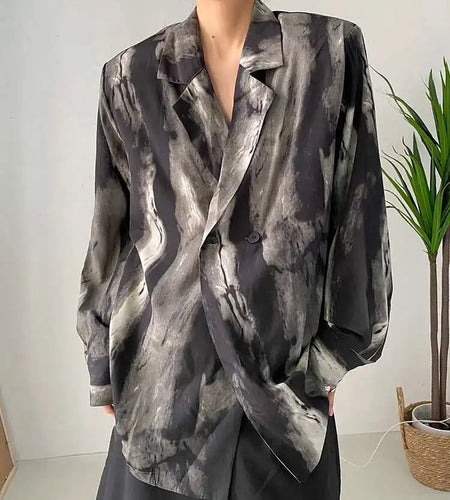 Women Black Tie Dye Should Padded Big Size Blouse New Lapel Long Sleeve Loose Fit Shirt Fashion Spring Autumn 2025 1DF0348