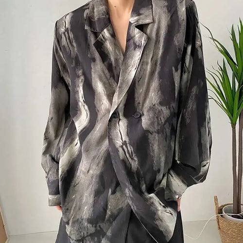 Load image into Gallery viewer, Women Black Tie Dye Should Padded Big Size Blouse New Lapel Long Sleeve Loose Fit Shirt Fashion Spring Autumn 2025 1DF0348
