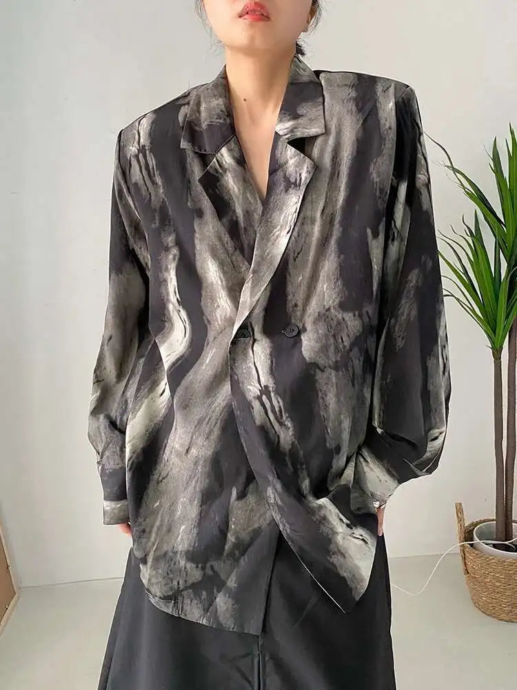 Women Black Tie Dye Should Padded Big Size Blouse New Lapel Long Sleeve Loose Fit Shirt Fashion Spring Autumn 2025 1DF0348