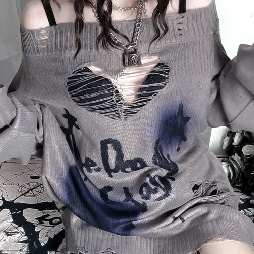 Load image into Gallery viewer, Y2k Aesthetic Slash Neck Spring Women Sweaters Holes Loose Punk Grunge Knitted Sexy Pullovers Long Sleeve Hollow Out Pull Femme
