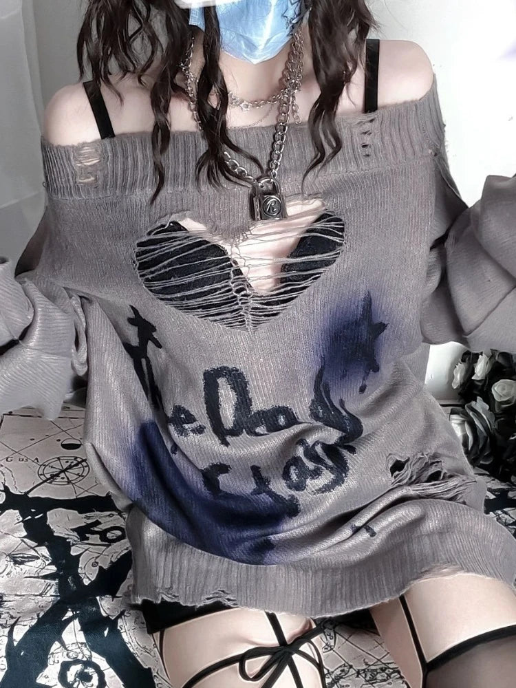 Y2k Aesthetic Slash Neck Spring Women Sweaters Holes Loose Punk Grunge Knitted Sexy Pullovers Long Sleeve Hollow Out Pull Femme