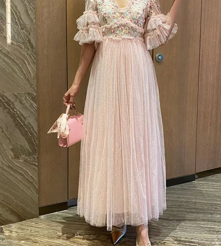 Hit Color Spliced Embroidery Elegant Long Dresses for Women V Neck Half Sleeves Patchwork Folds Dress Female New