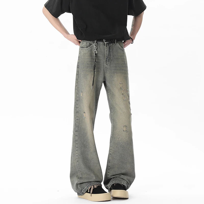 Men's Jeans New Summer American High Street Style Washed Micro Flared Trendy Gradient Color Simple Male Clothing 9W1807