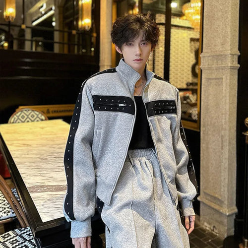 Load image into Gallery viewer, Men&#39;s Jacket Rivets Design Contrasting Color Stand Collar New Korean Shoulder Pad Jackets Multi Zippers Spring 2025 9W1344
