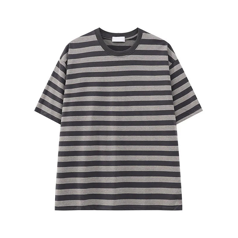 Men's Short Sleeve T-shirts New American Stripe Contrast Fashion Round Neck Male Loose Clothing Trendy Tees Casual 9W1598