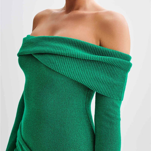 Load image into Gallery viewer, Off-shoulder Knit Mini Dress For Women Autumn Winter New Strapless Backless Long Sleeve Ruched Draped Knitted Dress
