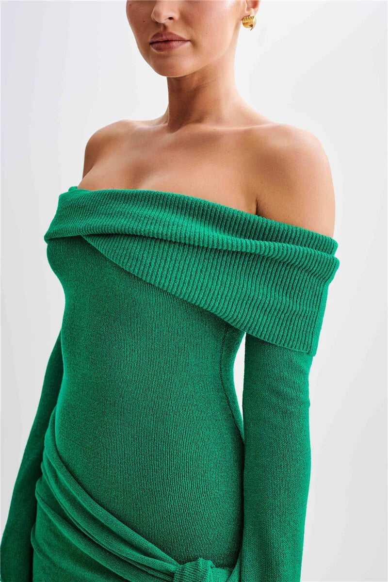 Off-shoulder Knit Mini Dress For Women Autumn Winter New Strapless Backless Long Sleeve Ruched Draped Knitted Dress