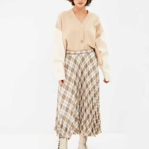 Load image into Gallery viewer, Women&#39;s Elegant Plaid Pattern Midi Skirt Top Quality Korean Vintage High Waist Pleated A-Line Skirts Spring Autumn C-091
