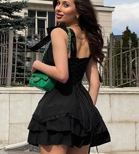 Elegant Sleeveless Ruffle Edge Slim Dresst Women Tie Ruffle Edge Sexy Short Skirt Fashion Street Party Club Clothing