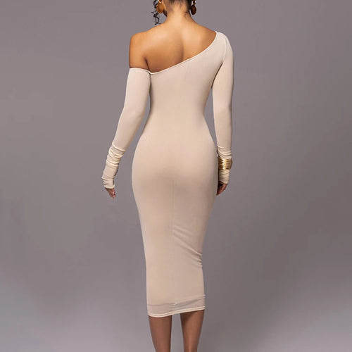 Load image into Gallery viewer, Diagonal Collar Long Sleeve Midi Dress For Women Two Layer Mesh Backless Ruched Bodycon Club Party Sexy Long Dress
