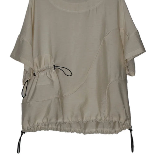 Load image into Gallery viewer, Women Black  Drawstring Big Size Casual T-shirt New Round Neck Short Sleeve Fashion Tide Spring Summer 2025 1DJ0427
