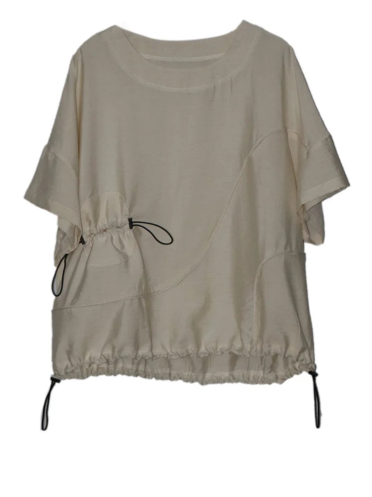 Women Black  Drawstring Big Size Casual T-shirt New Round Neck Short Sleeve Fashion Tide Spring Summer 2025 1DJ0427