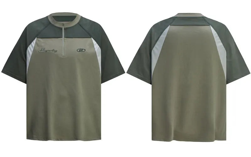 Men T-Shirt Y2K Embroidered Patchwork Half Zip Up Sport Racing Tshirt Streetwear Harajuku Hip Hop Casual Baggy Urban Top Tee