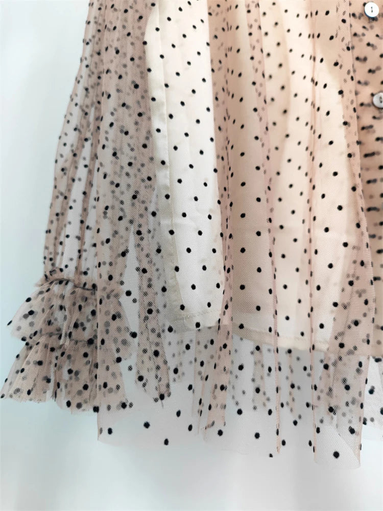 Women Brown Mesh Dot Ruffles Thin Blouse New Stand Collar Long Sleeve Shirt Fashion Tide Spring Summer 2025 1DJ1483