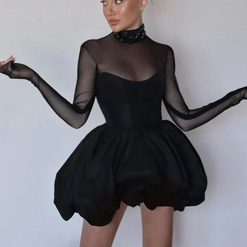 Load image into Gallery viewer, Turtleneck Sheer Long Sleeve Sexy Mini Dress For Women Black See Through High Waist A-line Club Party Dress Elegant

