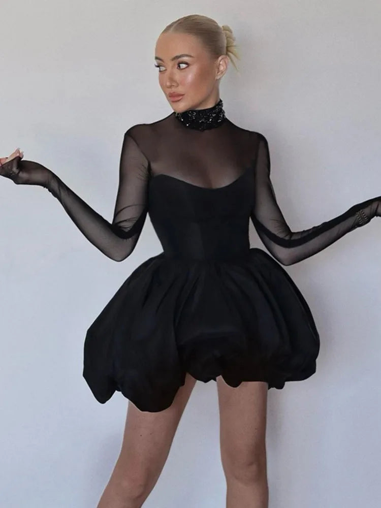 Turtleneck Sheer Long Sleeve Sexy Mini Dress For Women Black See Through High Waist A-line Club Party Dress Elegant