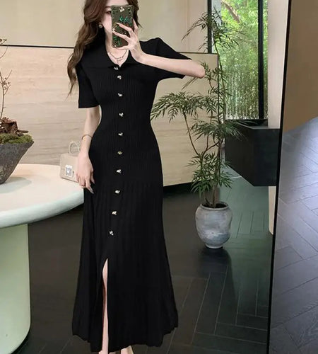 Spring Summer 2025 New Korean Style Black Beige Slim Short Sleeves Dress Women Fashion Green Elegant Single Breasted Long Dress