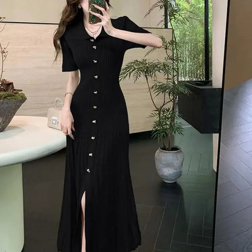 Load image into Gallery viewer, Spring Summer 2025 New Korean Style Black Beige Slim Short Sleeves Dress Women Fashion Green Elegant Single Breasted Long Dress
