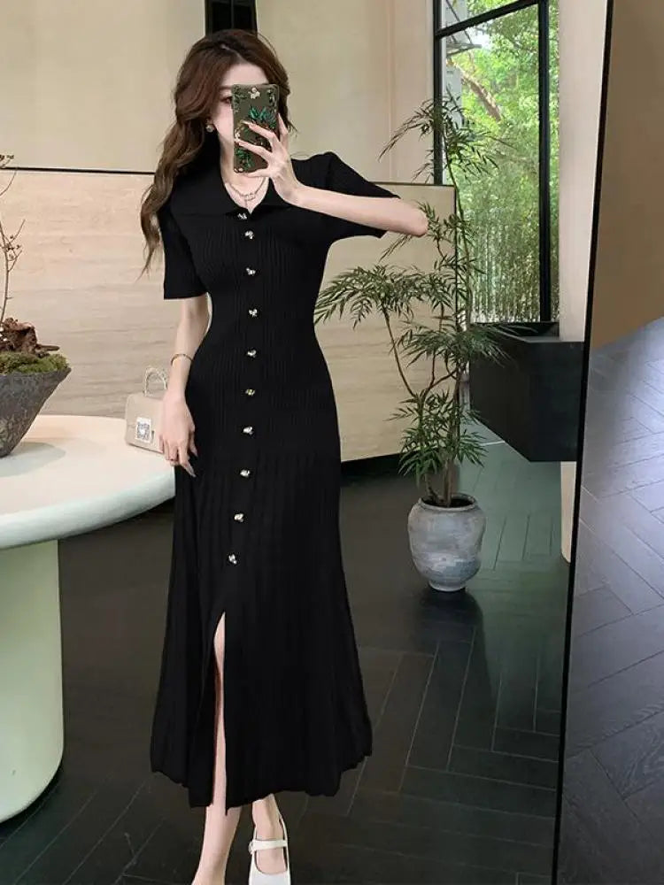 Spring Summer 2025 New Korean Style Black Beige Slim Short Sleeves Dress Women Fashion Green Elegant Single Breasted Long Dress