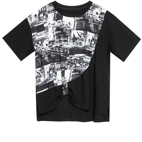 Load image into Gallery viewer, Women Black Printed Irregular Pleated Big Size T-shirt New Round Neck Short Sleeve Fashion Tide Spring Summer 2025 1DF8956
