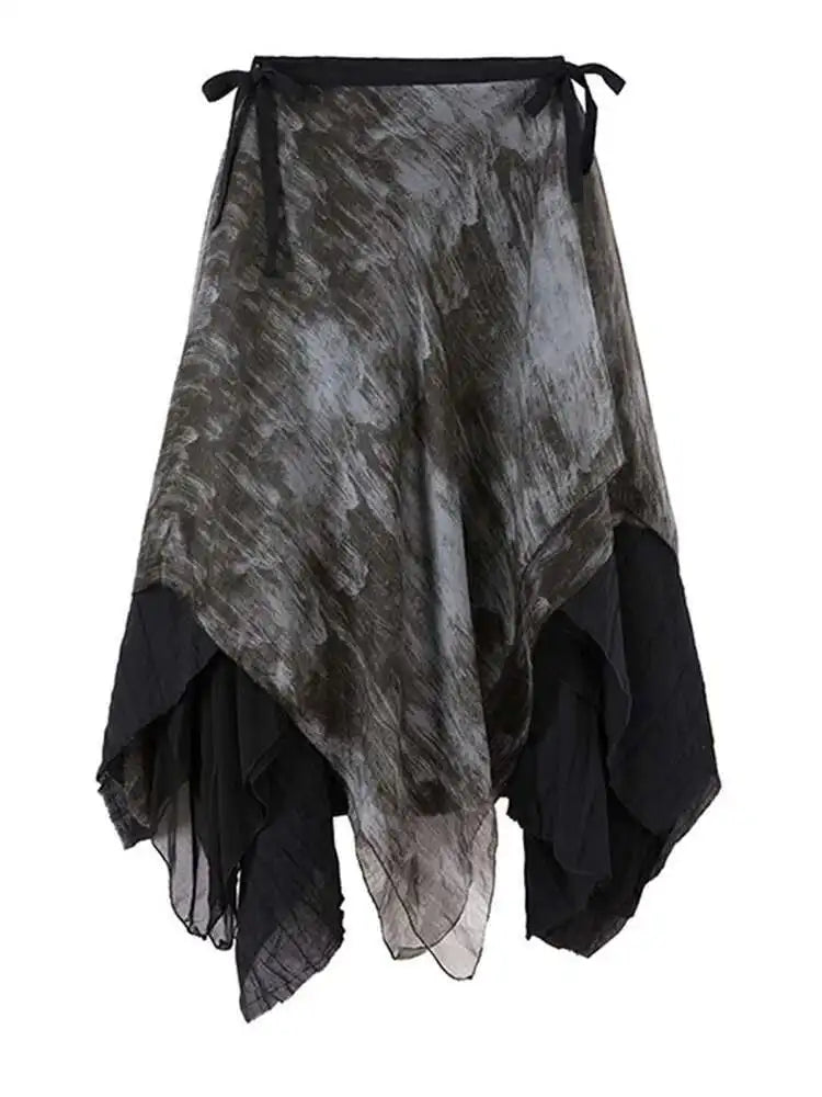 High Elastic Waist Black Irregular Printed Pleated Vintage Half-body Skirt Women Fashion New Spring Autumn 2025 1DF6823