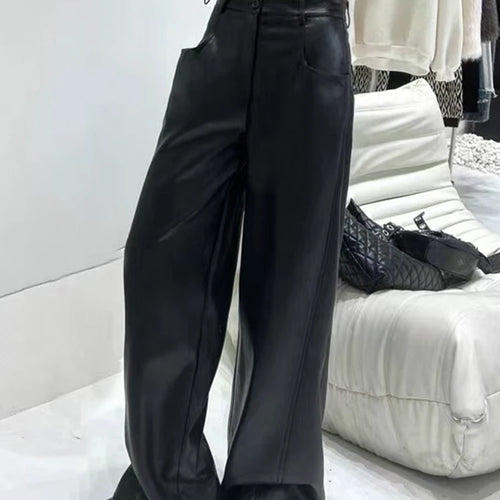 Load image into Gallery viewer, Solid Casual Loose Leather Pants For Women High Waist Patchwork Button Minimalist Wide Leg Pant Female Fashion
