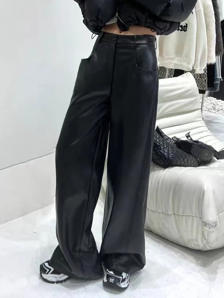 Solid Casual Loose Leather Pants For Women High Waist Patchwork Button Minimalist Wide Leg Pant Female Fashion