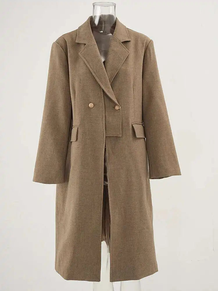 Women Khaki Irregular Spliced Long Big Size Blazer New Lapel Long Sleeve Jacket Fashion Tide Spring Autumn 2025  1DH6851