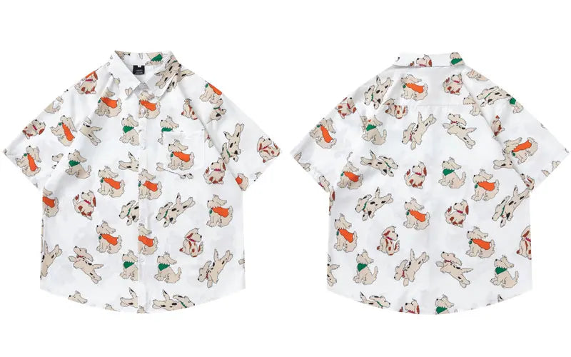 Hawaiian Shirts Cartoon Dog Graphic Printed Beach Blouse Harajuku Baggy Button Up Short Sleeve Shirt Hip Hop Casual Summer Tops