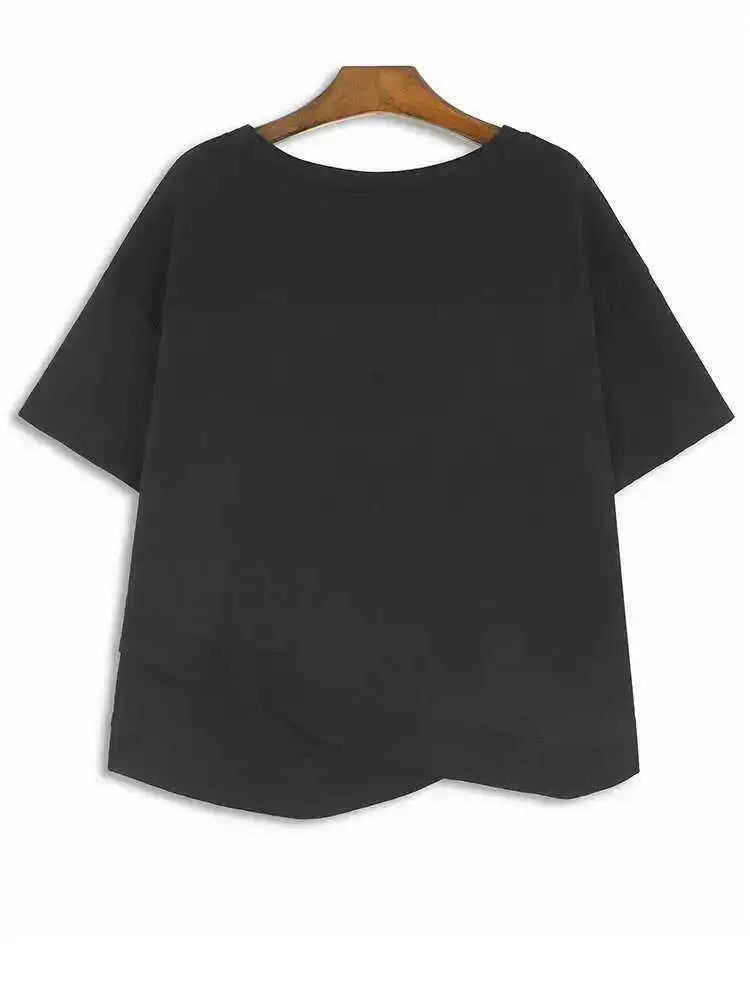 Women Green Color-block Big Size Irregular T-shirt New Round Neck Short Sleeve Fashion Tide Spring Summer 2025 1DH6013