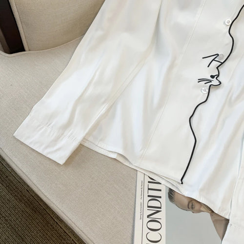 Load image into Gallery viewer, Spring French Retro Women White Girls Cute Cat Embroidery Single Breasted Blouses Casual Lapel Long Sleeved Festival Shirt Trend
