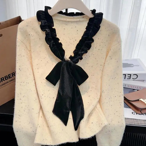 Load image into Gallery viewer, Autumn Winter French Patchwork Elegant V Neck Bow Ruffles Single Breasted Short Sweater Women New Long Sleeved Knitted Tops 2024
