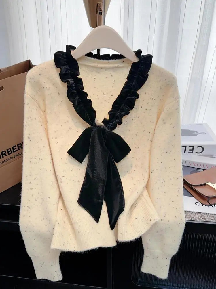 Autumn Winter French Patchwork Elegant V Neck Bow Ruffles Single Breasted Short Sweater Women New Long Sleeved Knitted Tops 2024
