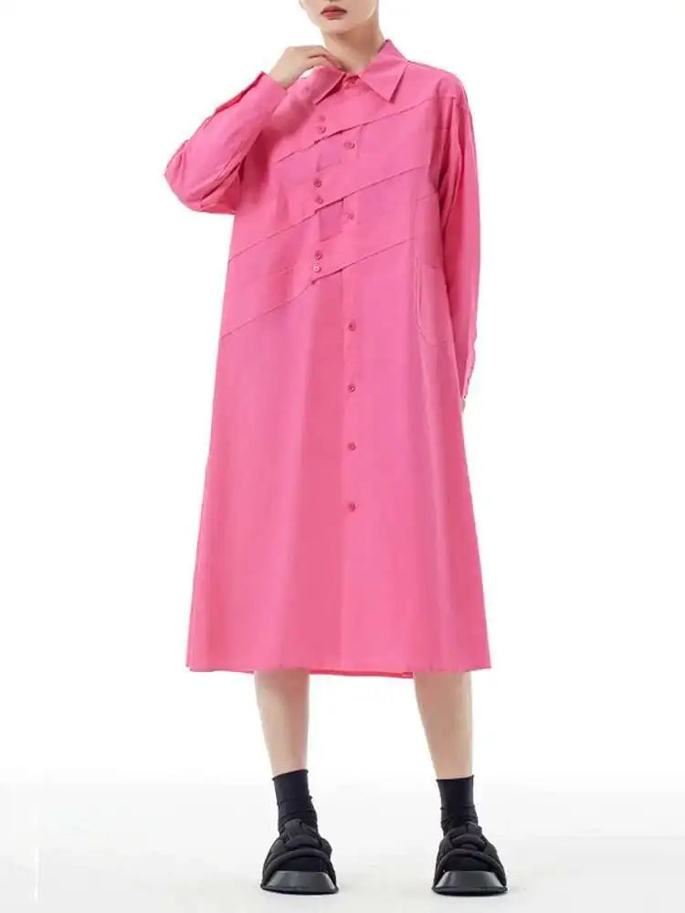 Women Rose Red Button Design Big Size Midi Shirt Dress New Lapel Long Sleeve Fashion Tide Spring Autumn 2025 1DH5165