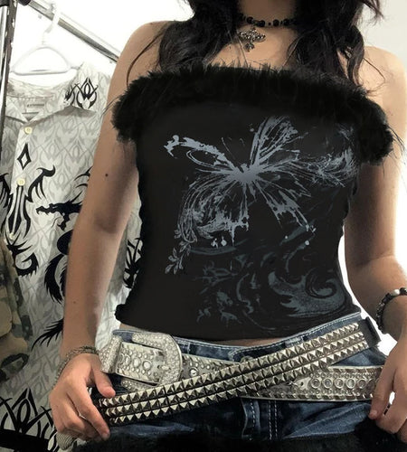 Vintage Butterfly Printed Faux Fur Trim Tube Tops Dark Gothic Off Shoulder Skinny Cropped Tank Top Y2K Hottie Clothes