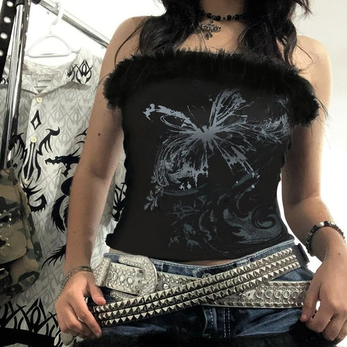 Load image into Gallery viewer, Vintage Butterfly Printed Faux Fur Trim Tube Tops Dark Gothic Off Shoulder Skinny Cropped Tank Top Y2K Hottie Clothes
