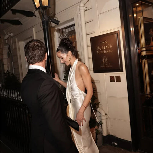 Load image into Gallery viewer, Satin Deep V Neck Backless Sexy Maxi Dress Women Elegant Halter Sleeveless Lace-up High Waist Draped Ruched Long Dress
