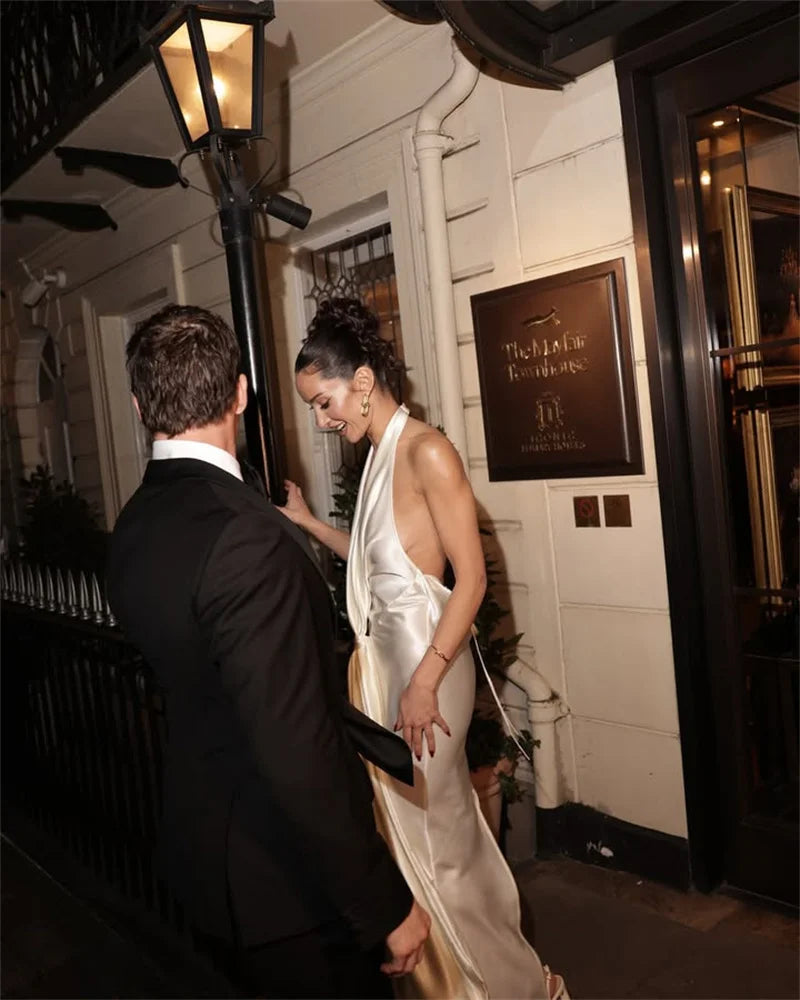 Satin Deep V Neck Backless Sexy Maxi Dress Women Elegant Halter Sleeveless Lace-up High Waist Draped Ruched Long Dress