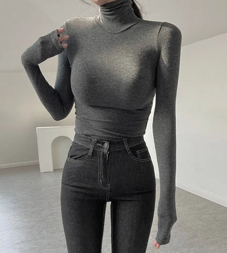 Casual Basic Tight Turtleneck T-shirt Women Long Sleeve Solid Autumn Tee Shirt Cotton All-Match Tops Winter Clothes