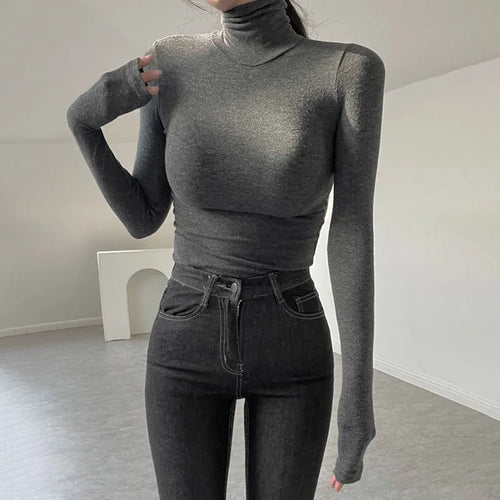 Load image into Gallery viewer, Casual Basic Tight Turtleneck T-shirt Women Long Sleeve Solid Autumn Tee Shirt Cotton All-Match Tops Winter Clothes
