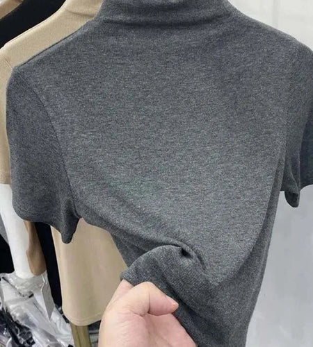 Threaded Short Sleeves Women T-shirts Summer New 2025 Turtleneck Solid Slim Elastic Long-sleeved Female Buttoming Pulls Top Tees