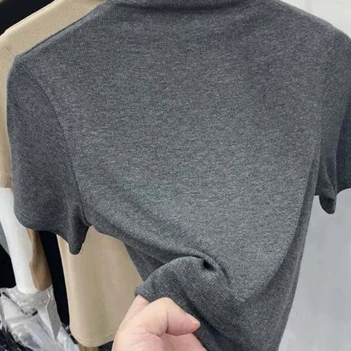 Load image into Gallery viewer, Threaded Short Sleeves Women T-shirts Summer New 2025 Turtleneck Solid Slim Elastic Long-sleeved Female Buttoming Pulls Top Tees
