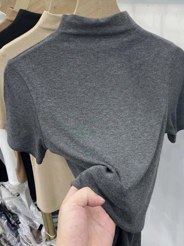 Threaded Short Sleeves Women T-shirts Summer New 2025 Turtleneck Solid Slim Elastic Long-sleeved Female Buttoming Pulls Top Tees